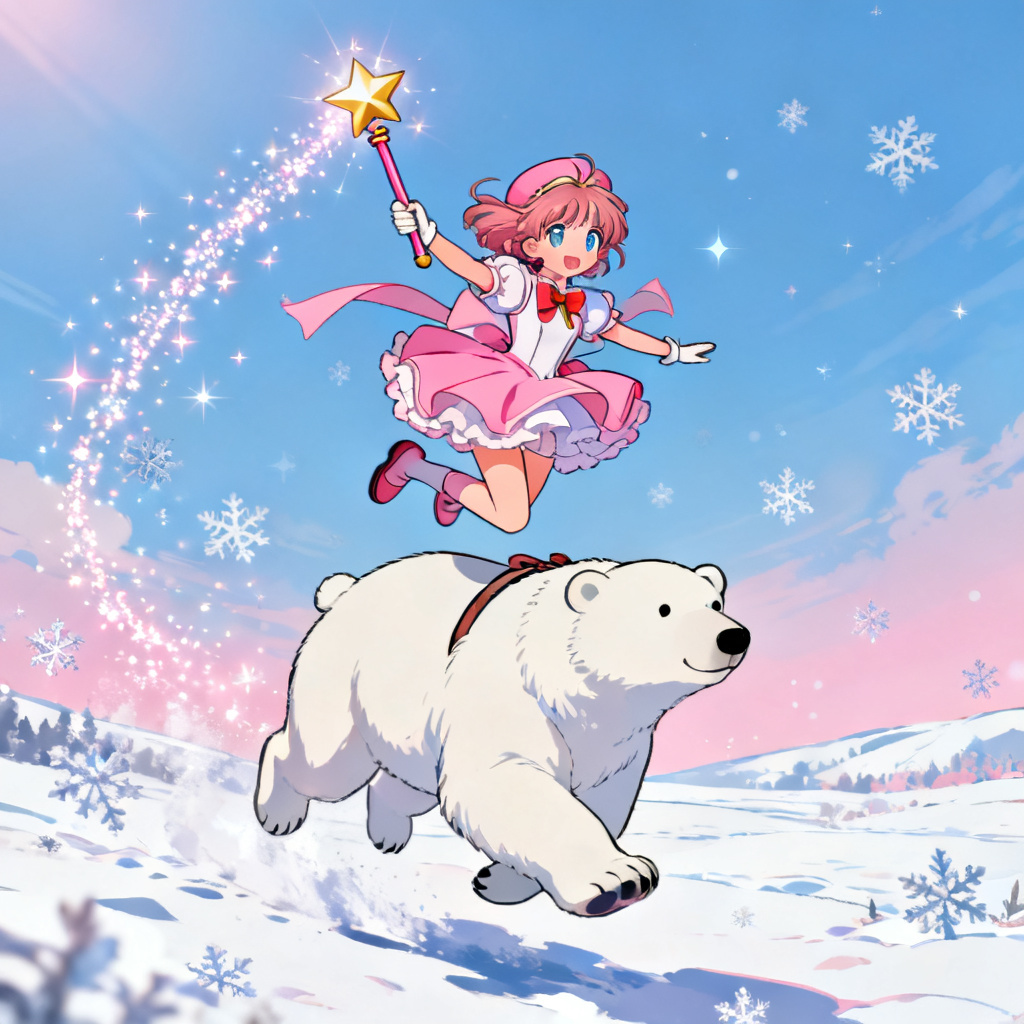AI anime magical girl riding a polar bear in pastel style