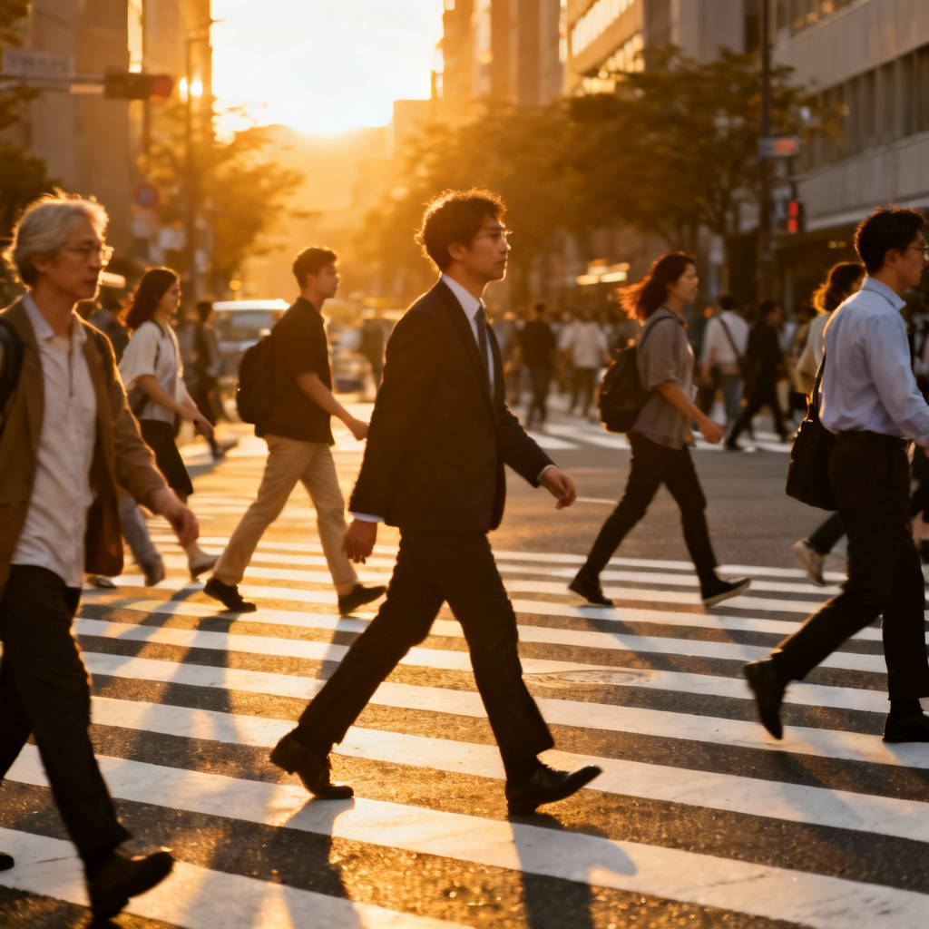 AI-generated urban crosswalk pedestrians at sunset