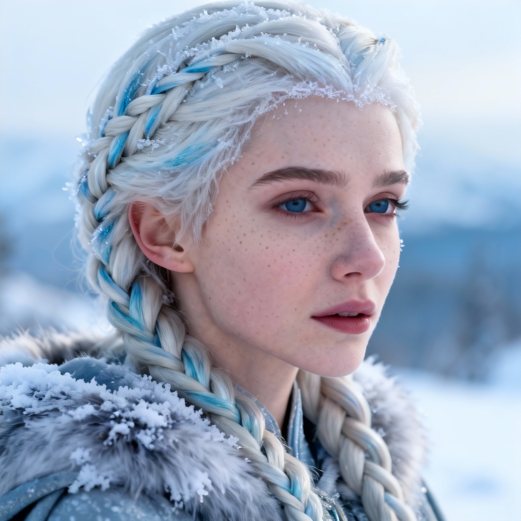 Realistic AI snow queen portrait with platinum braid