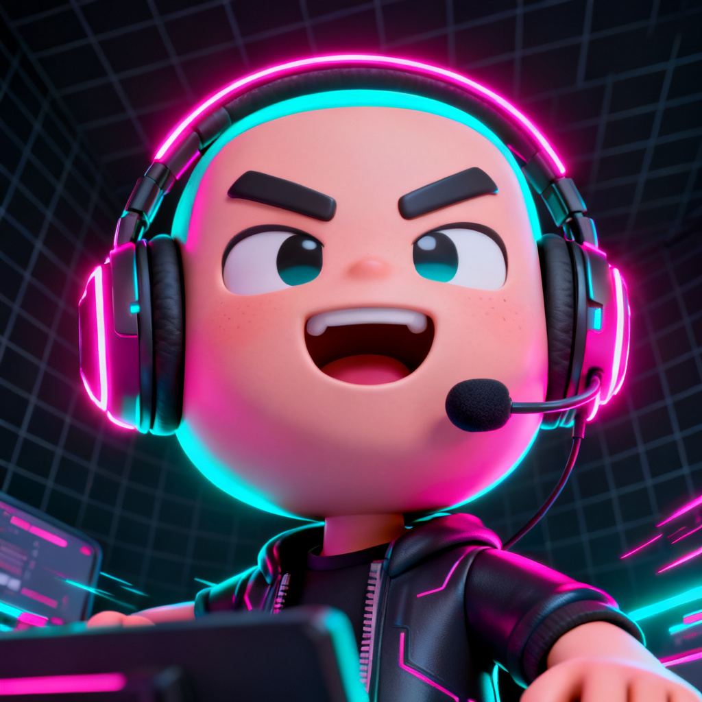 AI gamer caricature avatar with neon cyberpunk glow