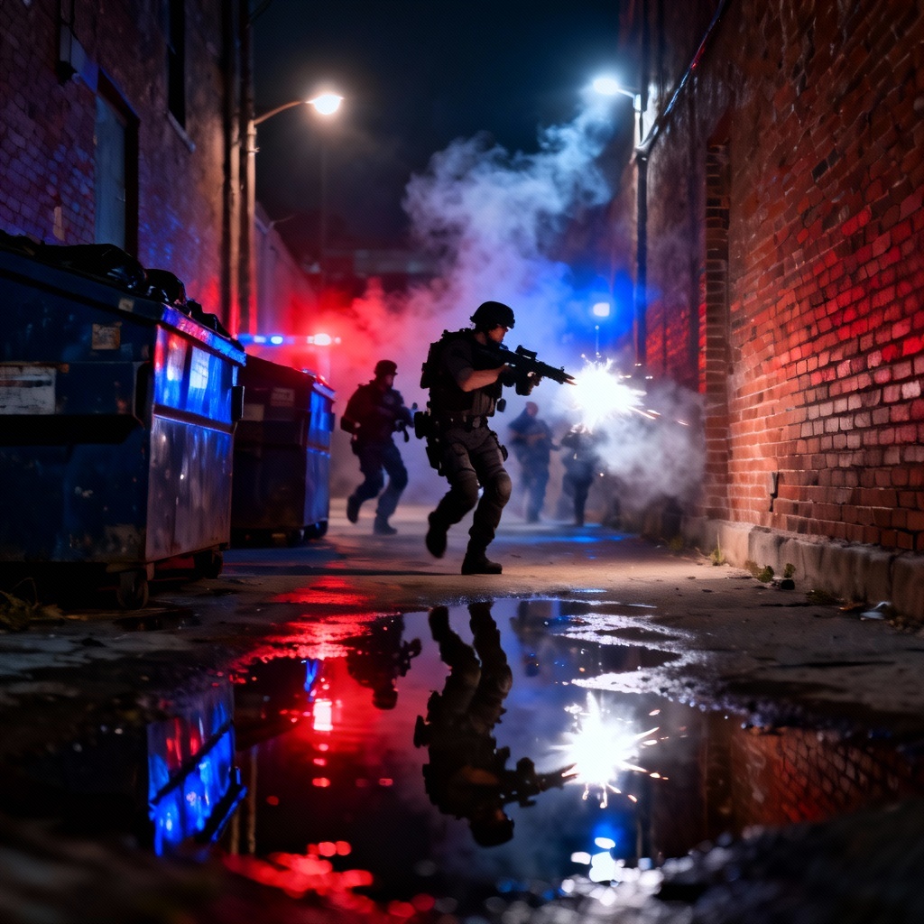 AI urban alley crossfire with reflections and smoke