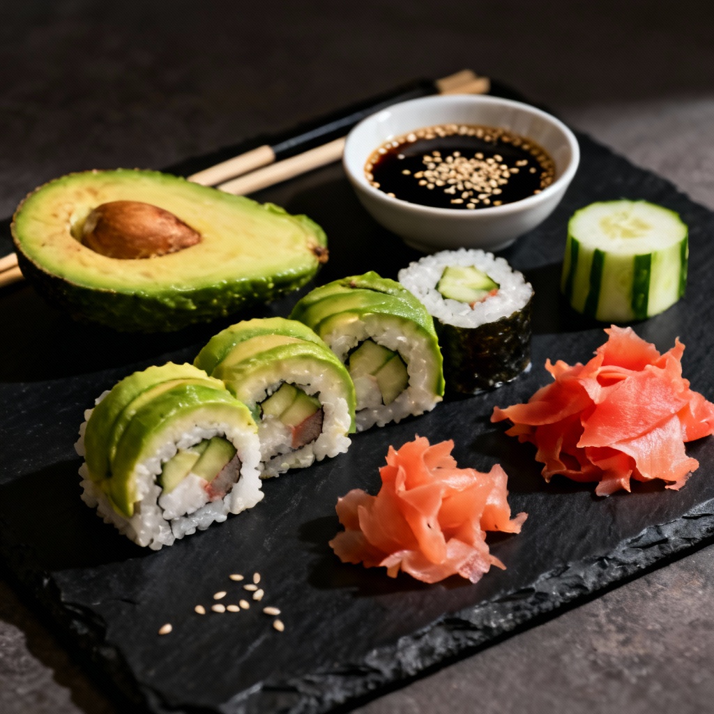 Vegan sushi snack board on slate