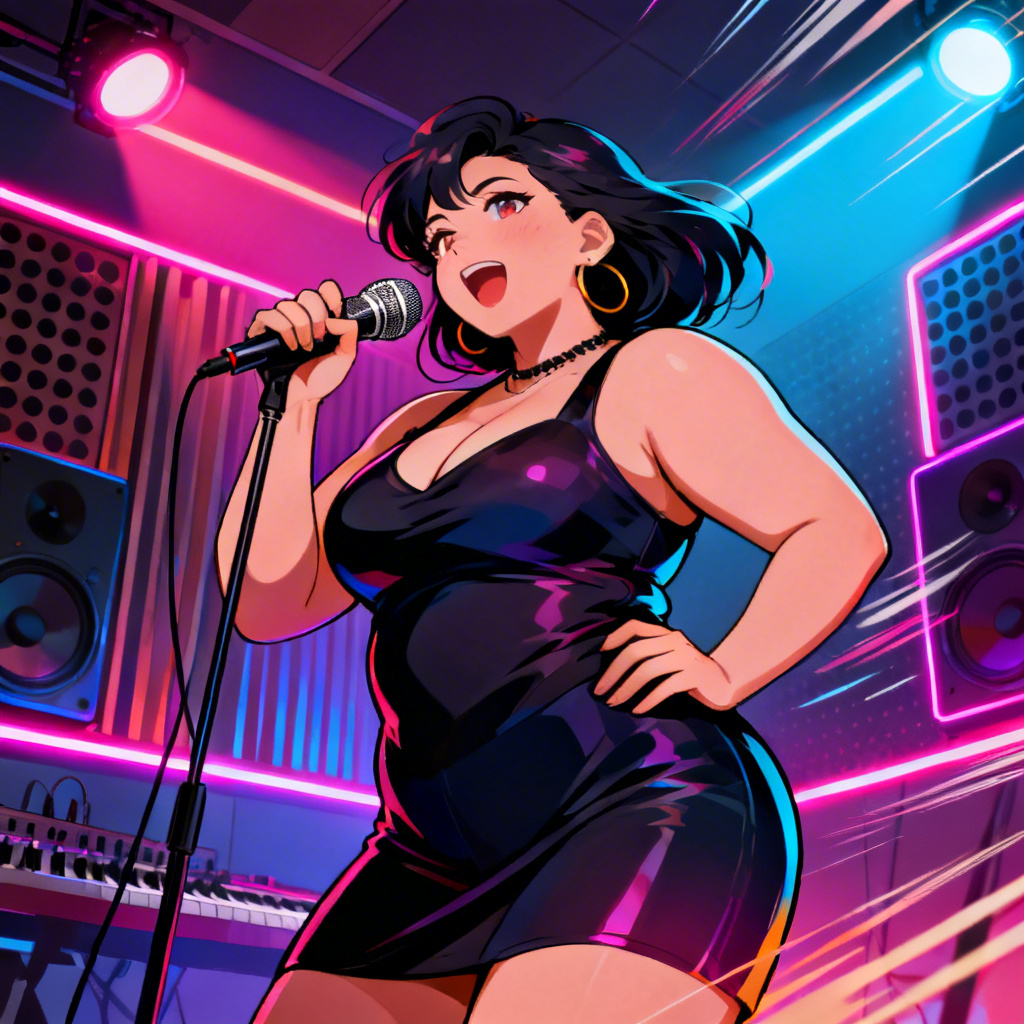 AI Manga Chubby Girl pop performer on a neon-lit stage