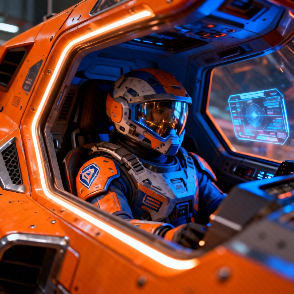 Sci-fi mech pilot in cockpit with holo HUD