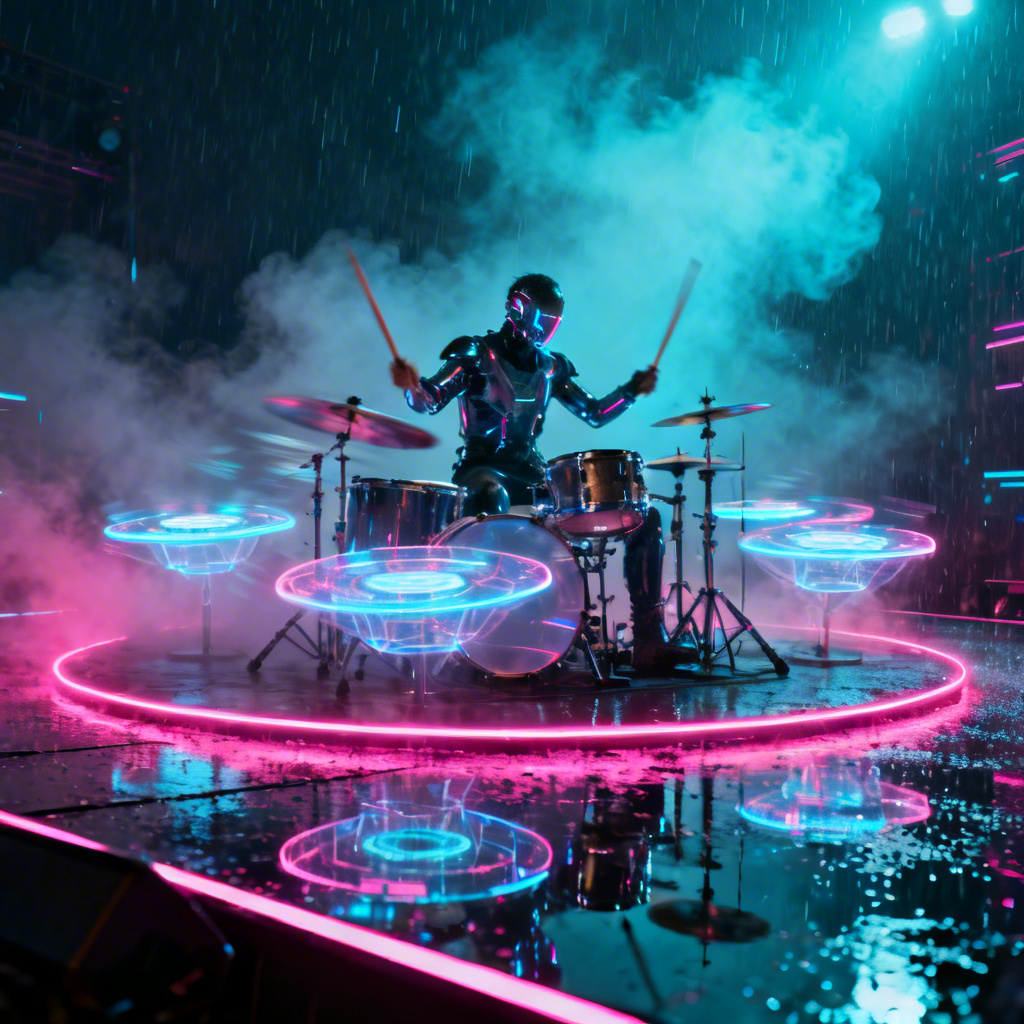 AI cyberpunk drummer in neon arena