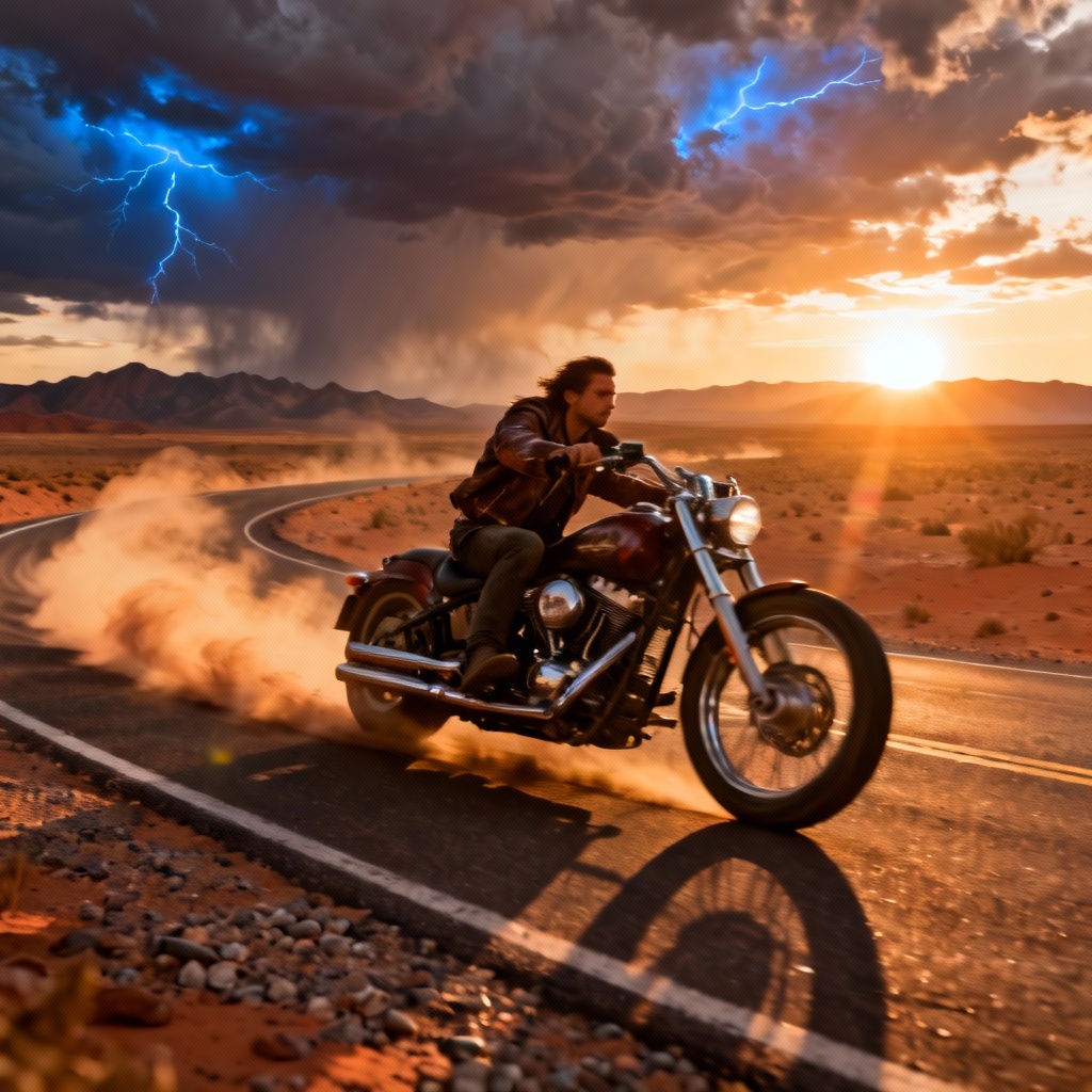 AI highway cruiser biker on desert road at sunset