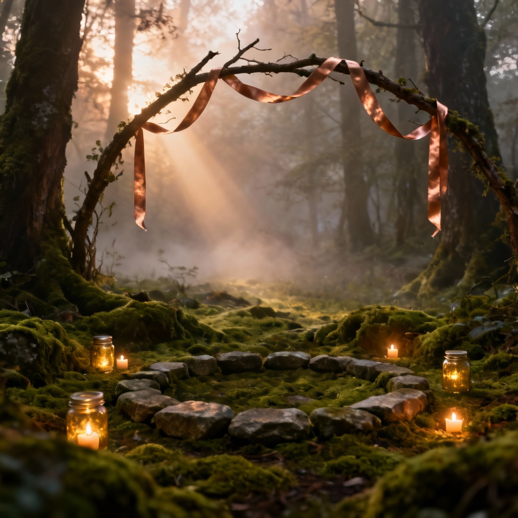 AI forest handfasting circle with ribbon arch and candles