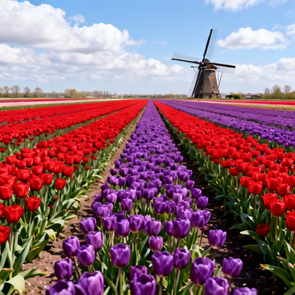 Tulip field with a Dutch windmill under blue sky