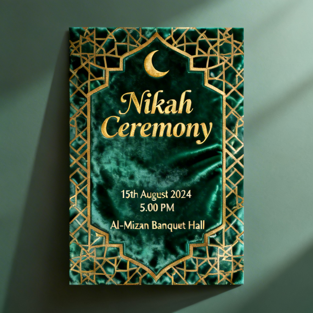 AI Muslim Nikah invitation in emerald green and gold calligraphy