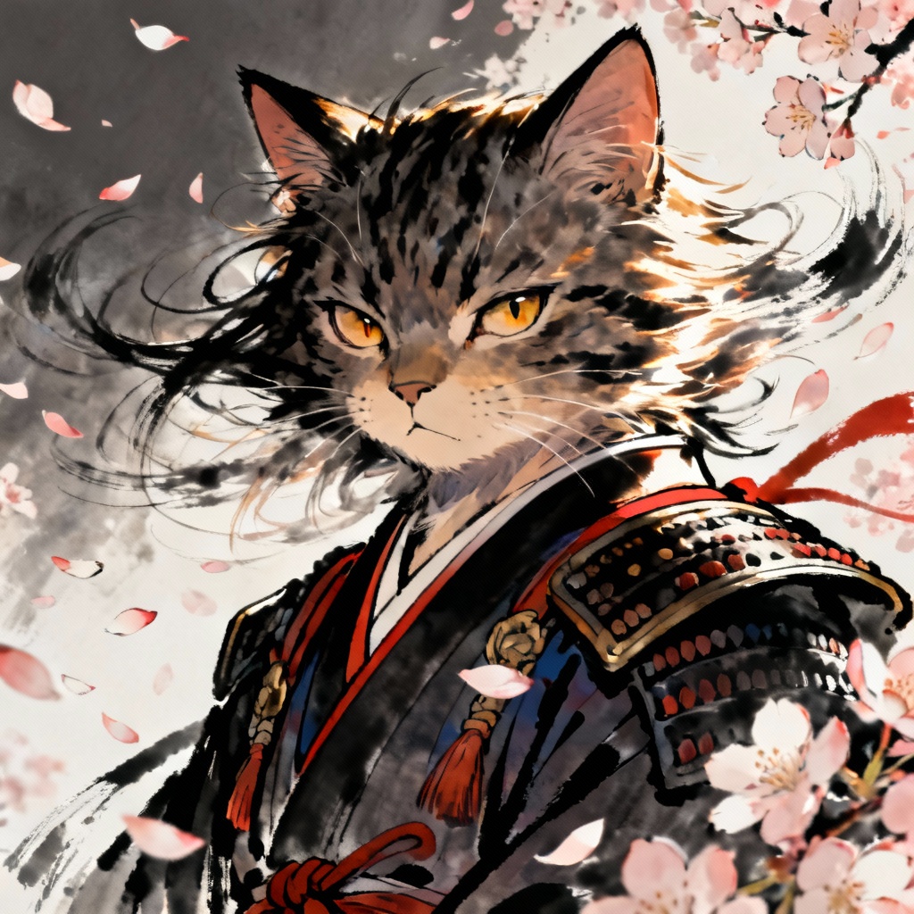 Anime samurai AI cat avatar with sakura petals