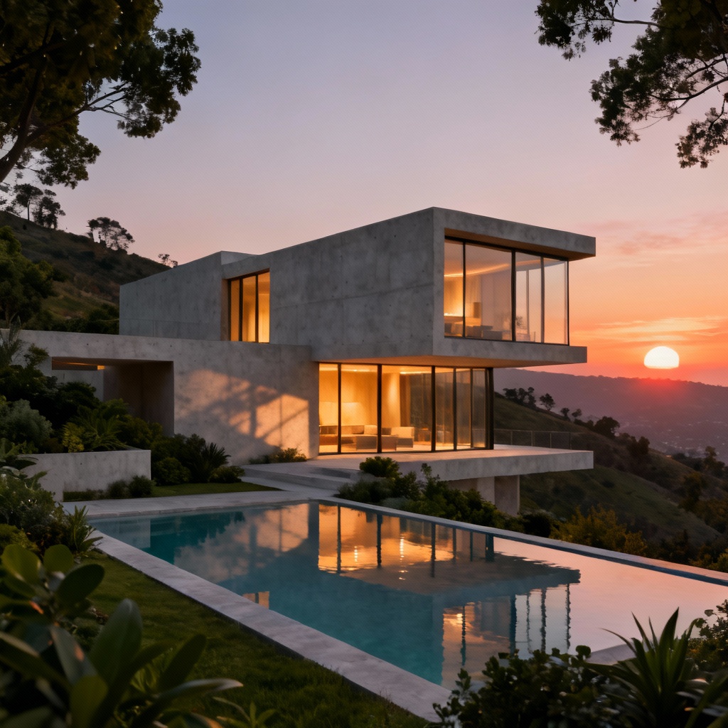 AI modern mansion exterior with infinity pool at dusk