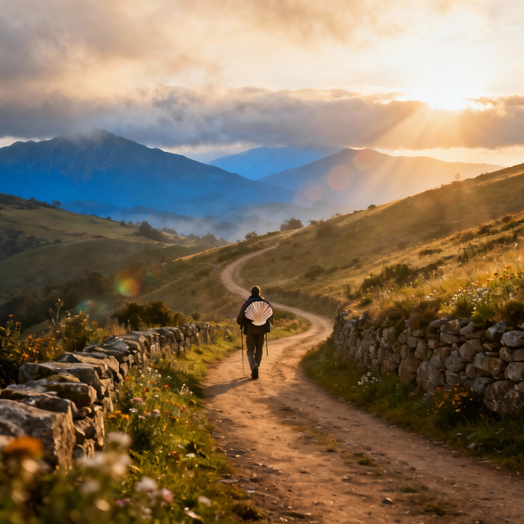 AI Camino de Santiago pilgrim at sunrise