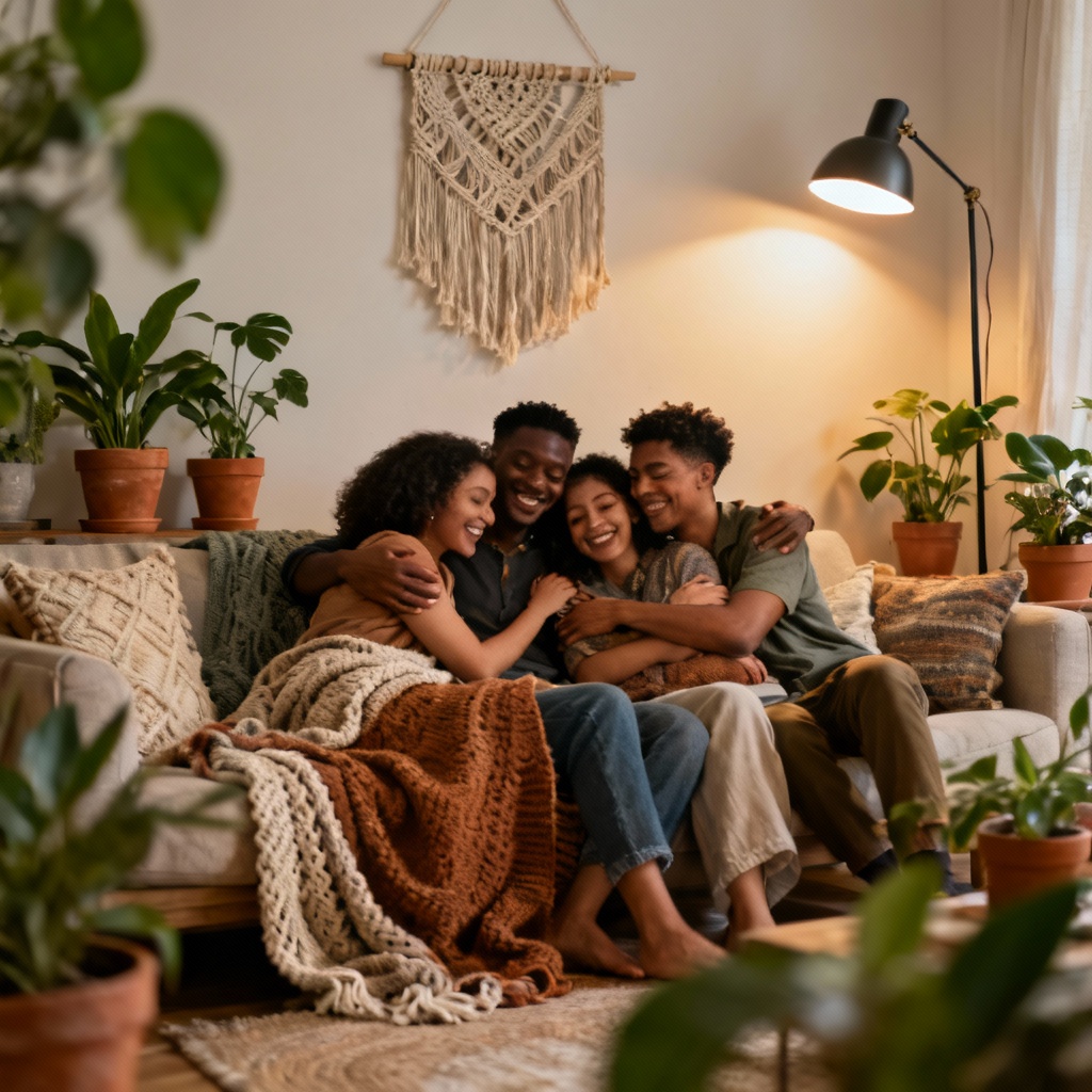 Realistic boho living room cuddle pile