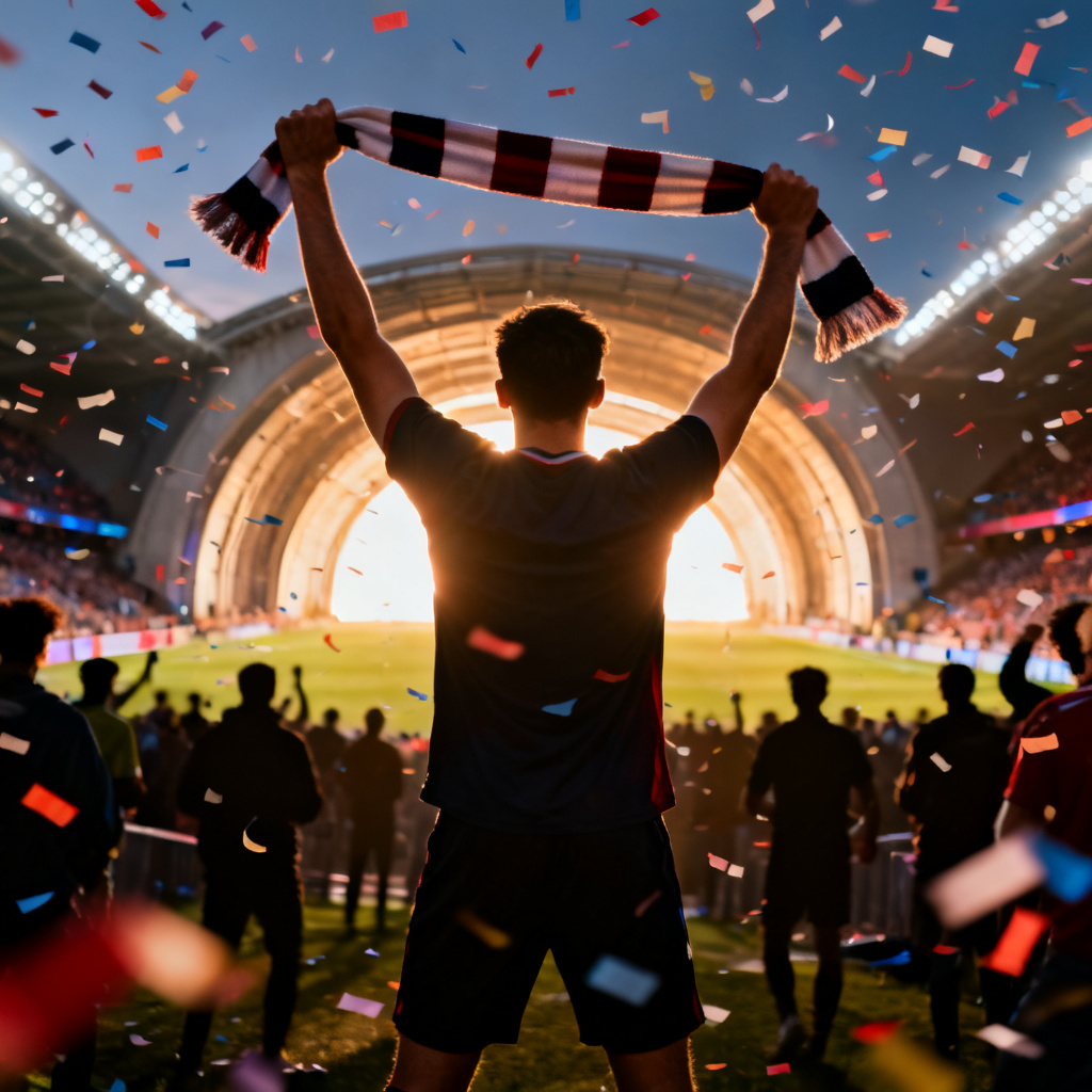AI fan with scarf in victory pose
