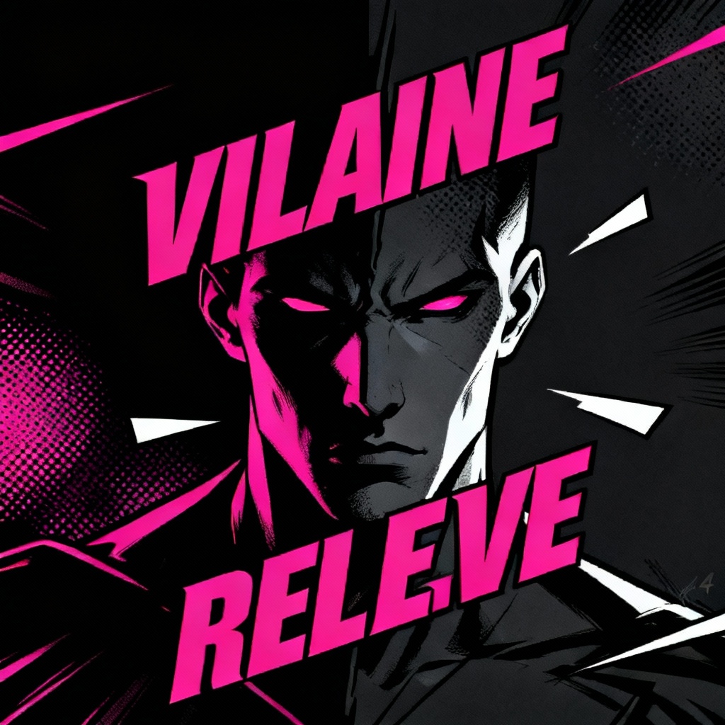 Danganronpa villain reveal poster with high contrast and bold typography