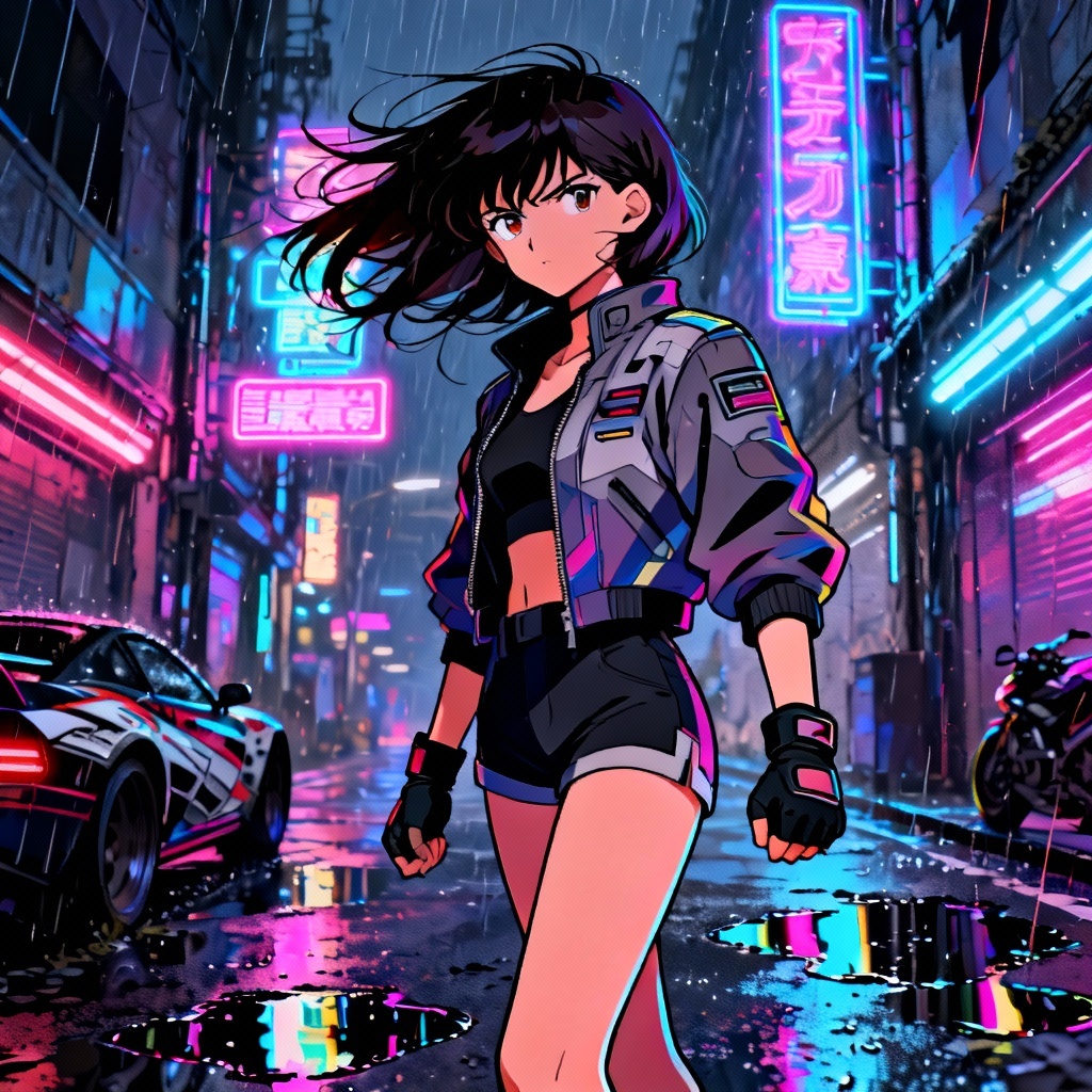 AI 90s anime girl street racer in cyberpunk alley