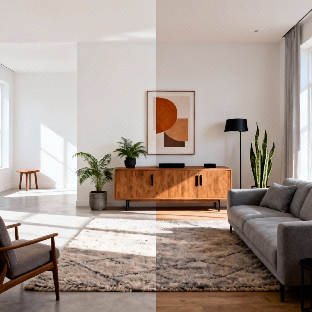AI redecorated modern living room before and after