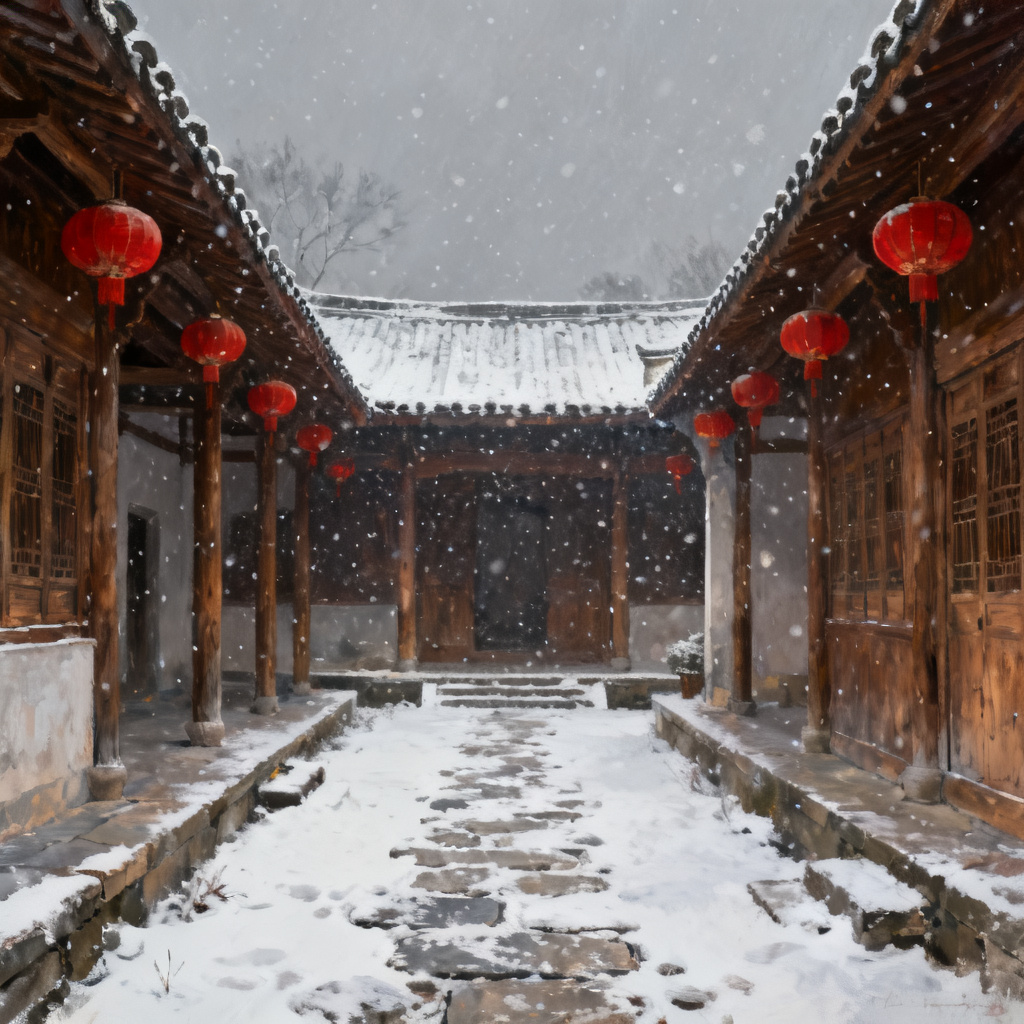 AI Han dynasty wooden courtyard covered in gently falling snow