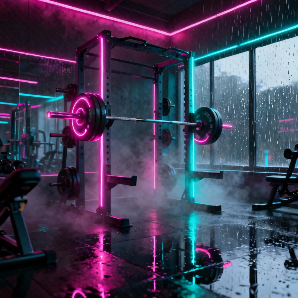 Cyberpunk gym scene with glowing power rack and barbell