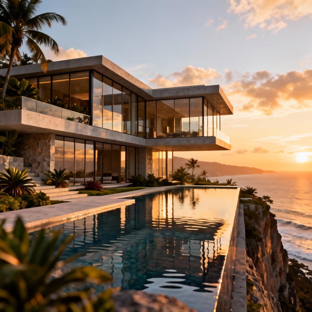 AI render of a modern cliffside glass mansion at sunset with infinity pool