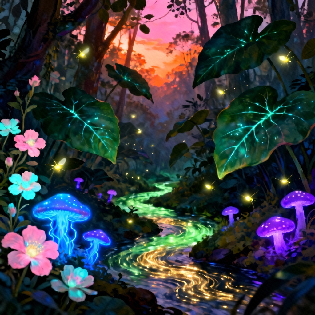 AI fantasy jungle glowing plants and neon mushrooms at dusk