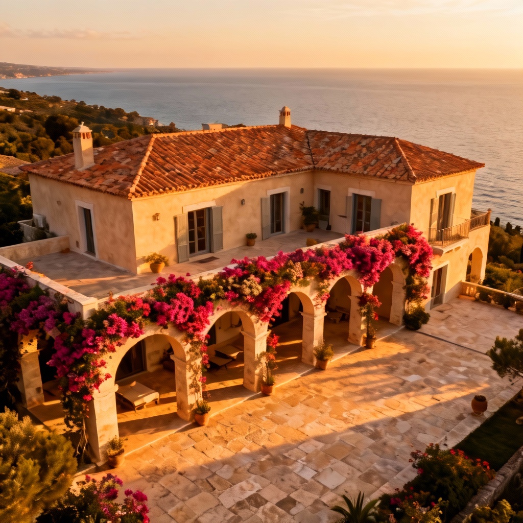 AI Mediterranean coastal villa with terracotta roof and sea view