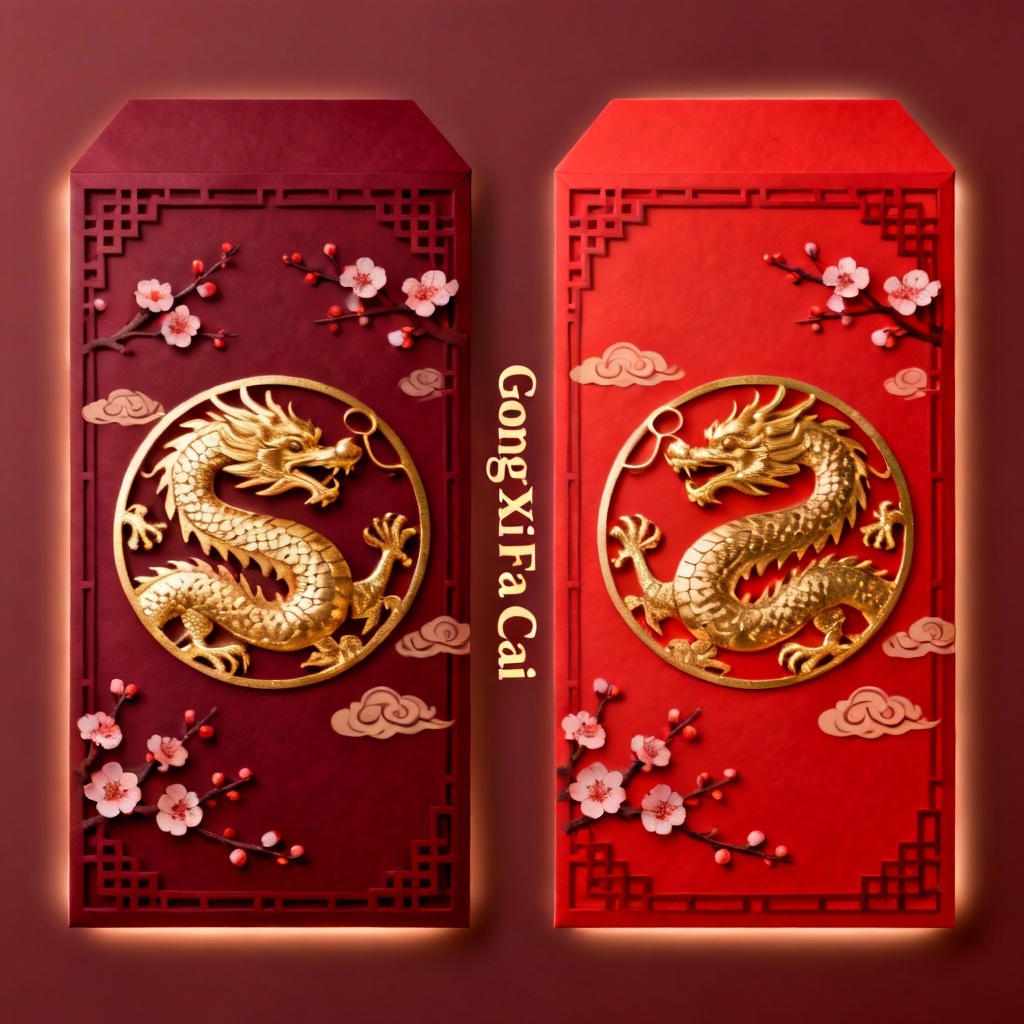 AI digital hongbao with twin gold dragons and blossoms