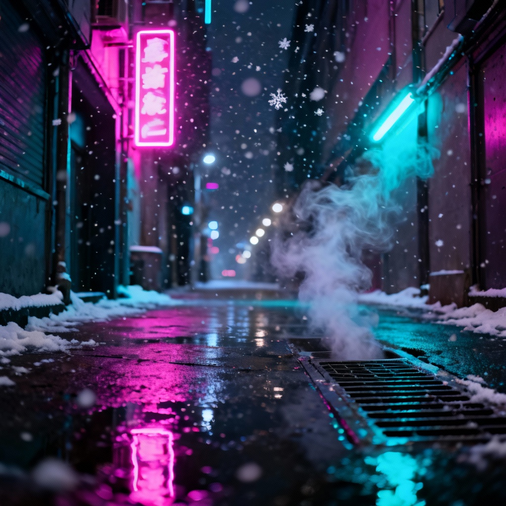 Cyberpunk alley with neon signs in a gentle snowfall