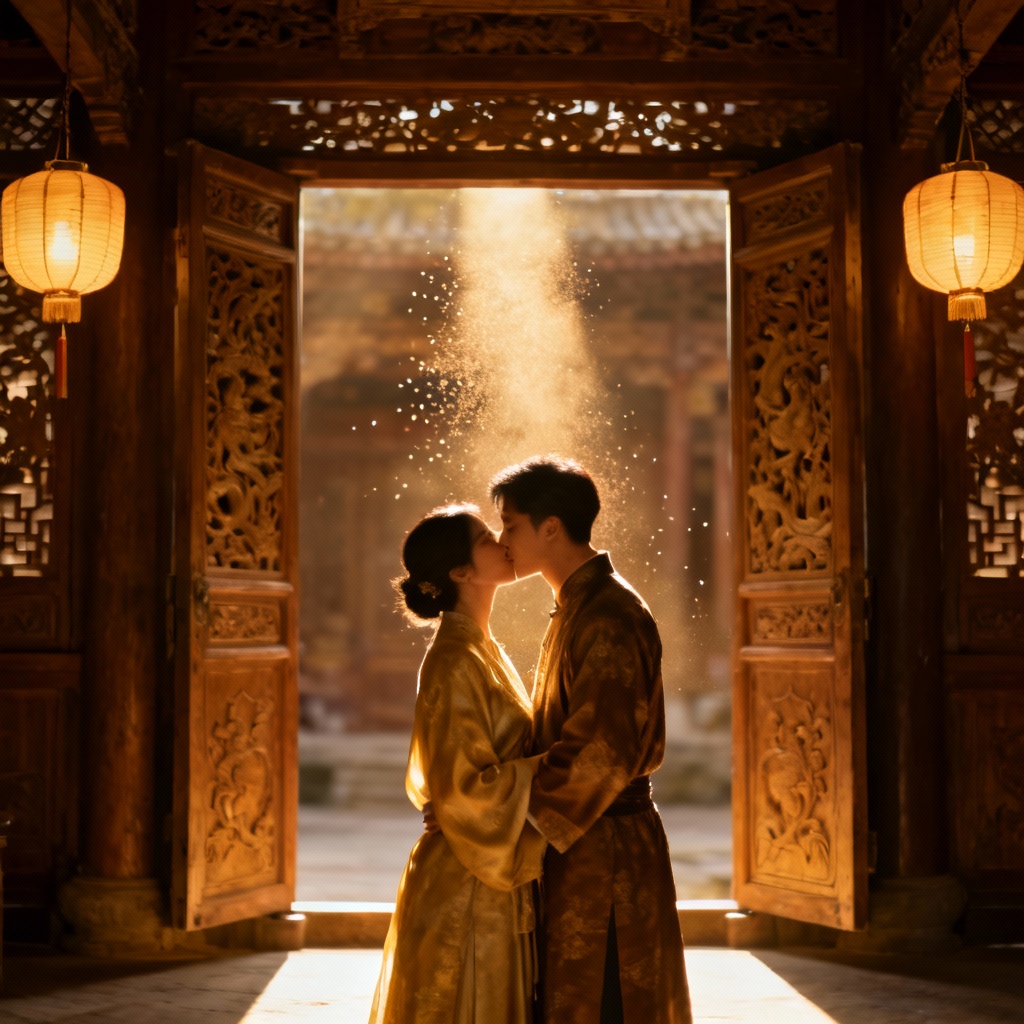 AI Chinese wedding portrait at ancestral hall wooden doors
