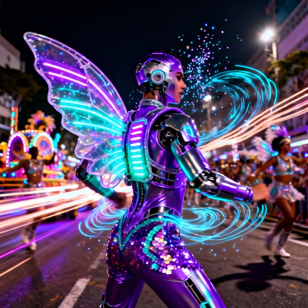 AI neon Rio Carnival costume with LED wings and holographic sequins