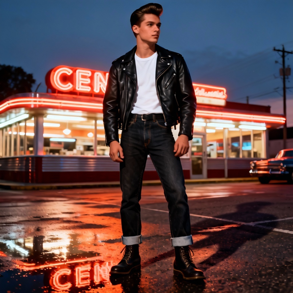 AI 1950s greaser leather jacket street style