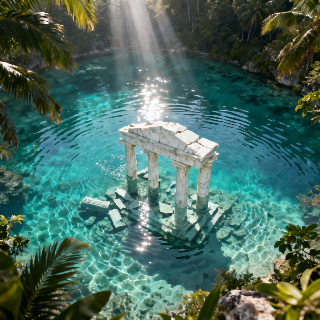 Submerged marble temple in clear blue lagoon