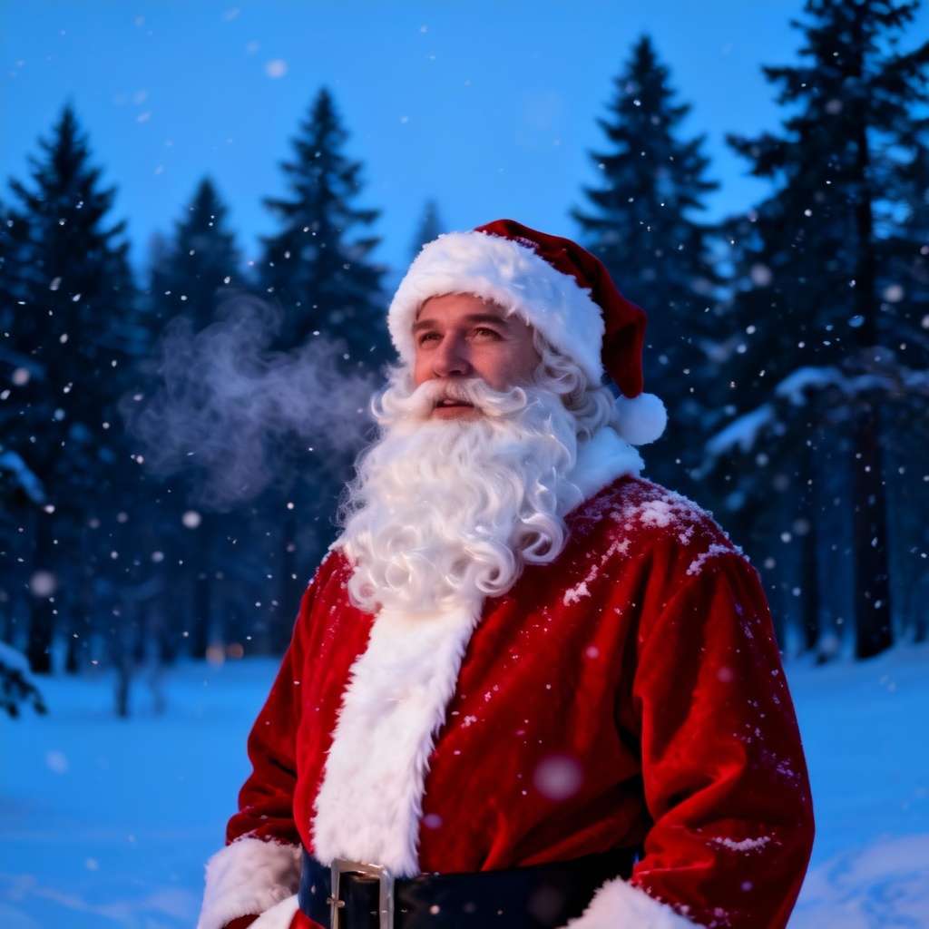 AI Santa in snowfall with pine trees and twilight sky
