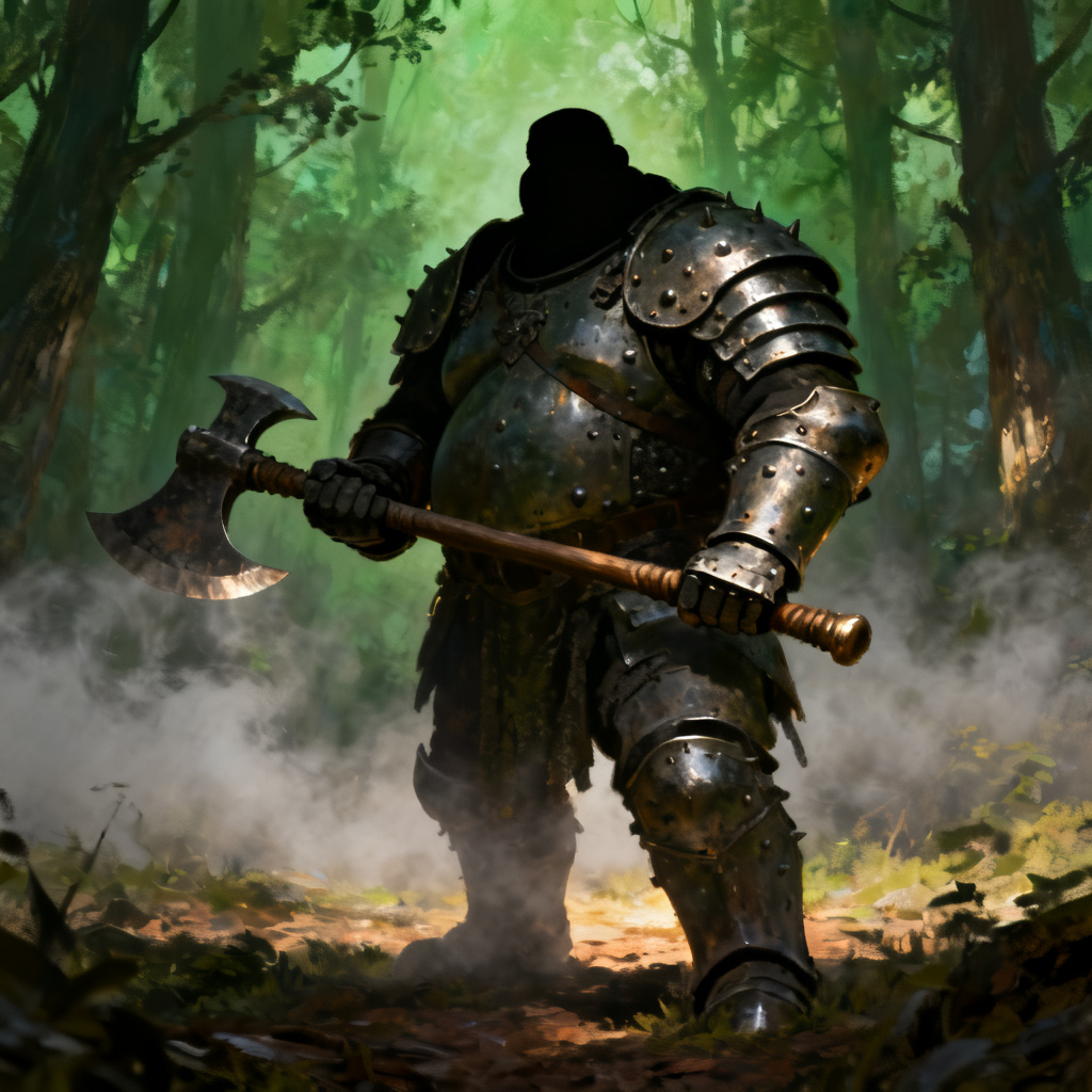 Chubby fantasy warrior in armor holding an axe