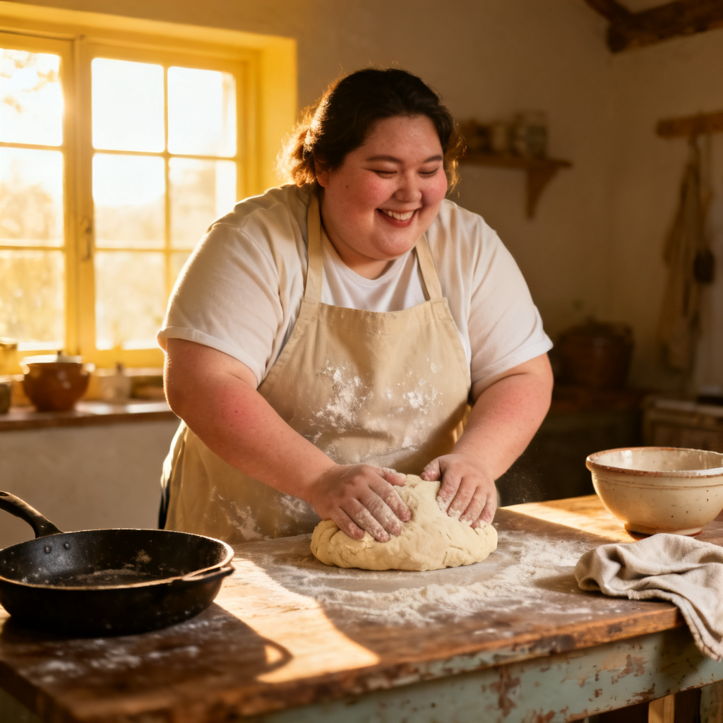 Chubby home baker in a warm kitchen scene