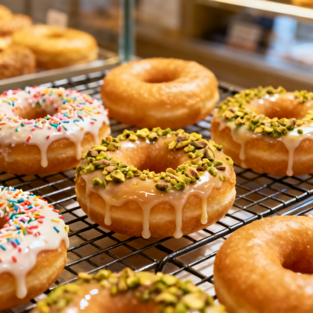 AI artisan glazed doughnuts on rack