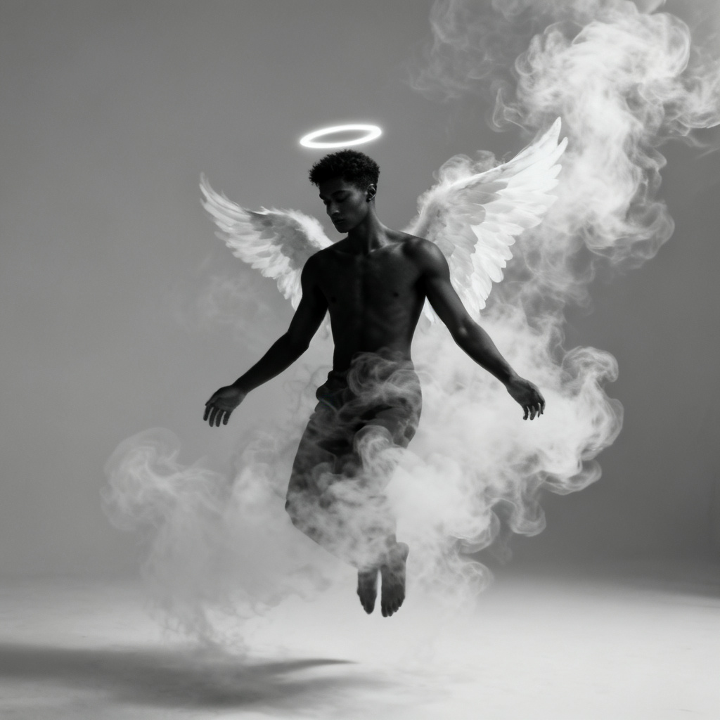 AI ethereal black angel floating in smoky monochrome scene