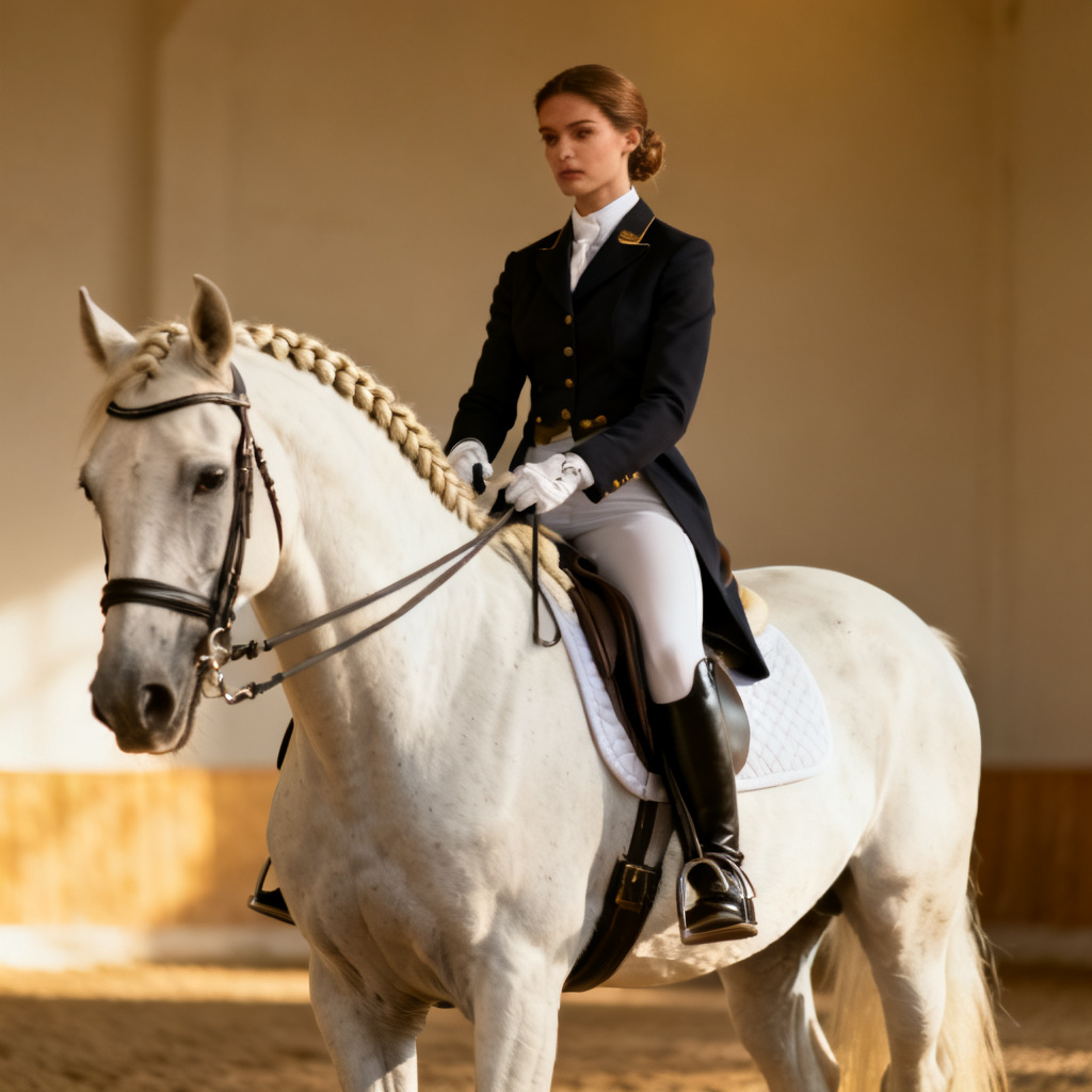 AI equestrian portrait of rider on a white horse