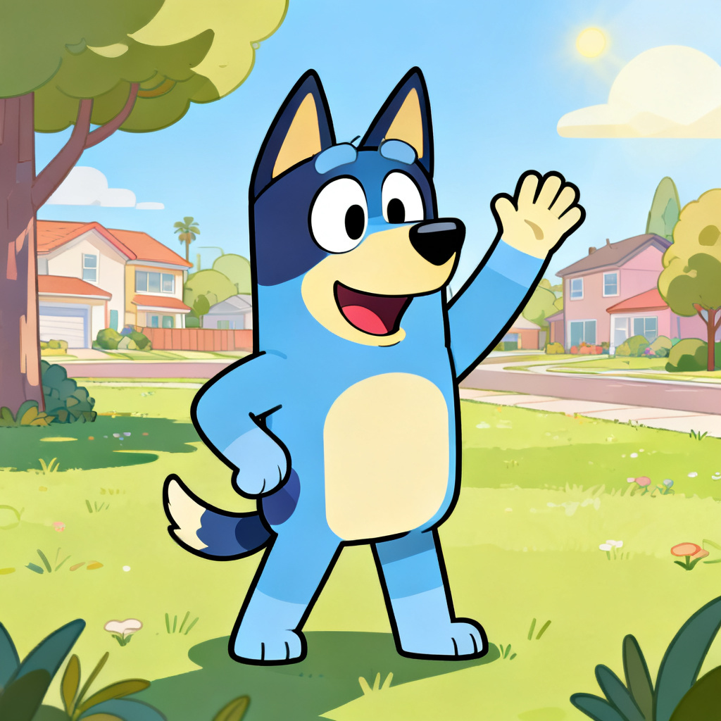 Bluey style OC maker hero illustration of a smiling cartoon dog in a park