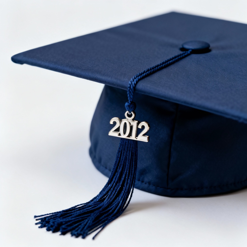 Graduation cap with navy tassel and year charm