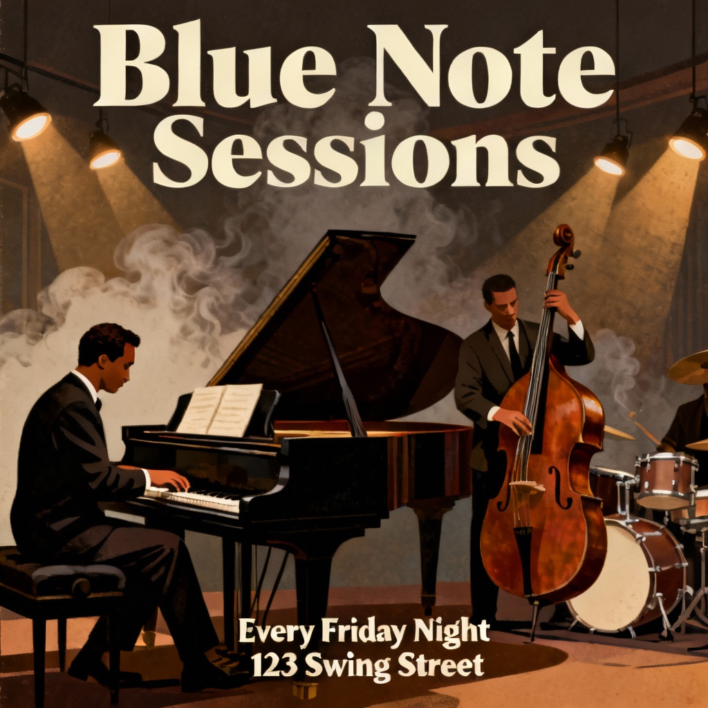 AI Jazz Trio Session Poster featuring pianist, bass, and drums
