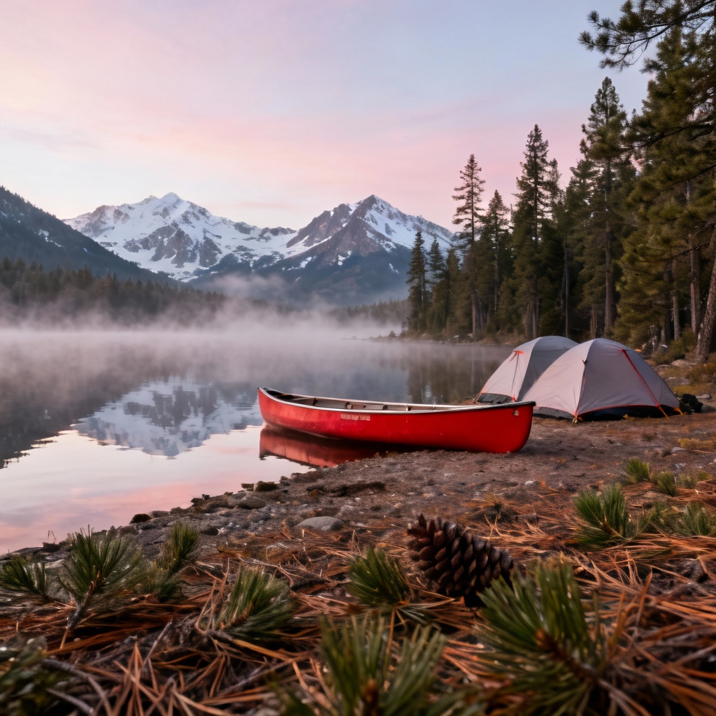 AI mountain lake campsite with canoe and pine trees