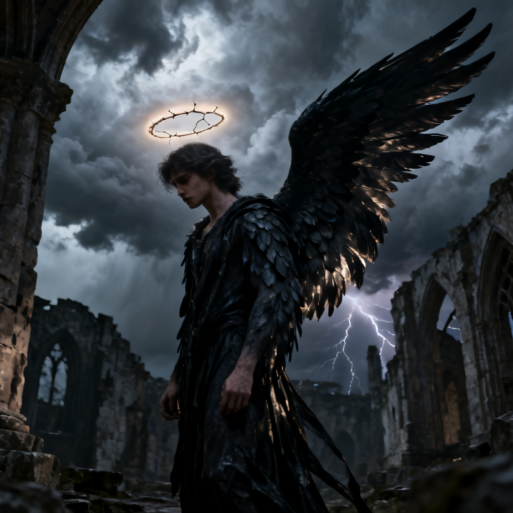 AI dark fallen archangel with black wings and storm clouds