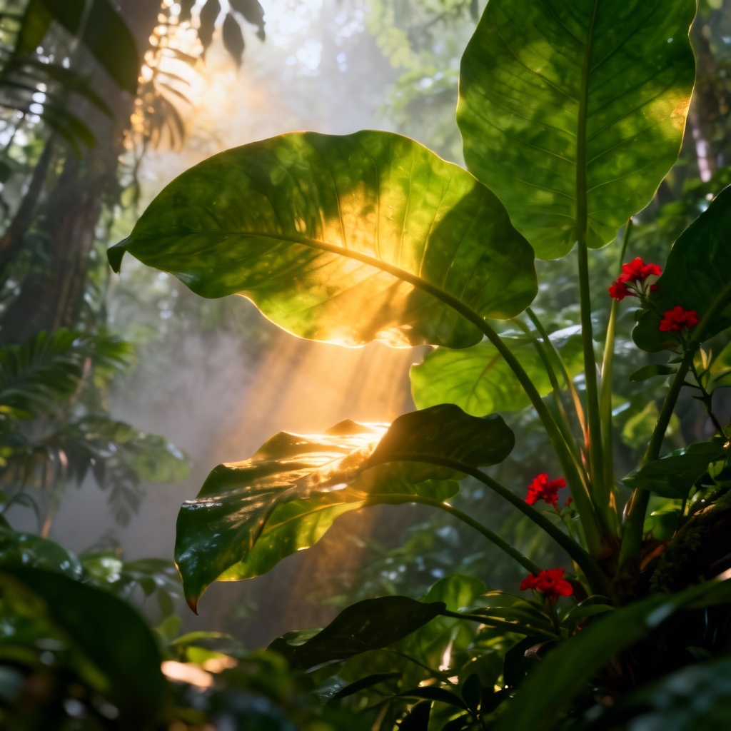 Rainforest canopy concept art with giant leaves