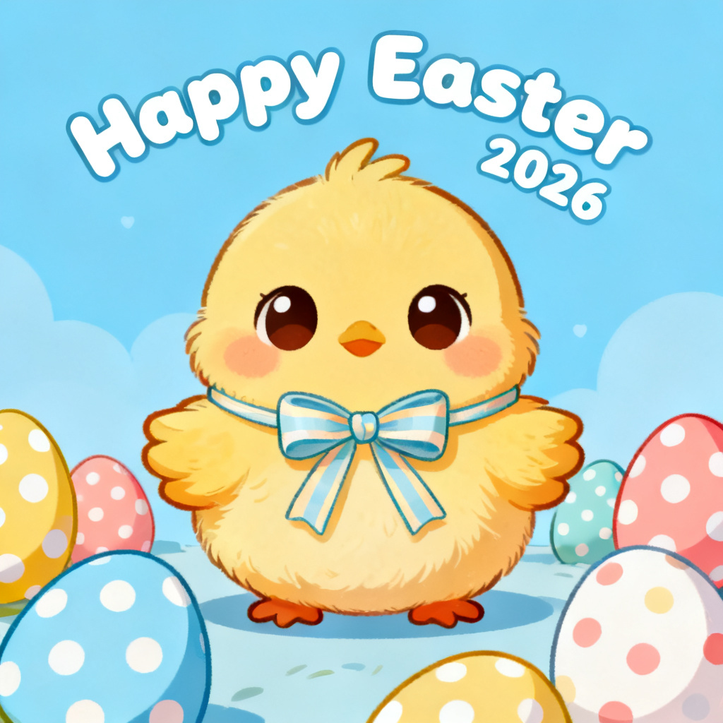 Cute anime-style chick Easter illustration 2026