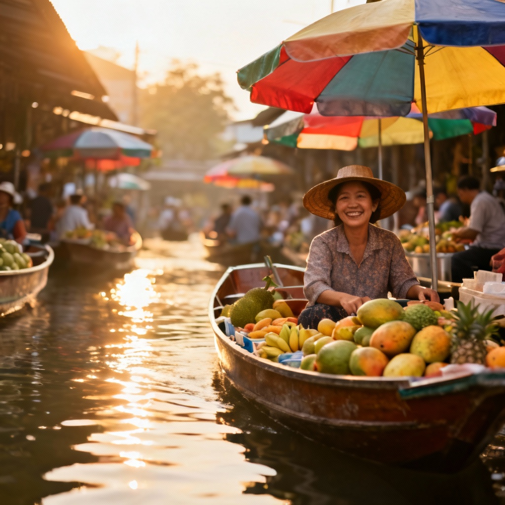 AI Bangkok floating market scene with long-tail boats
