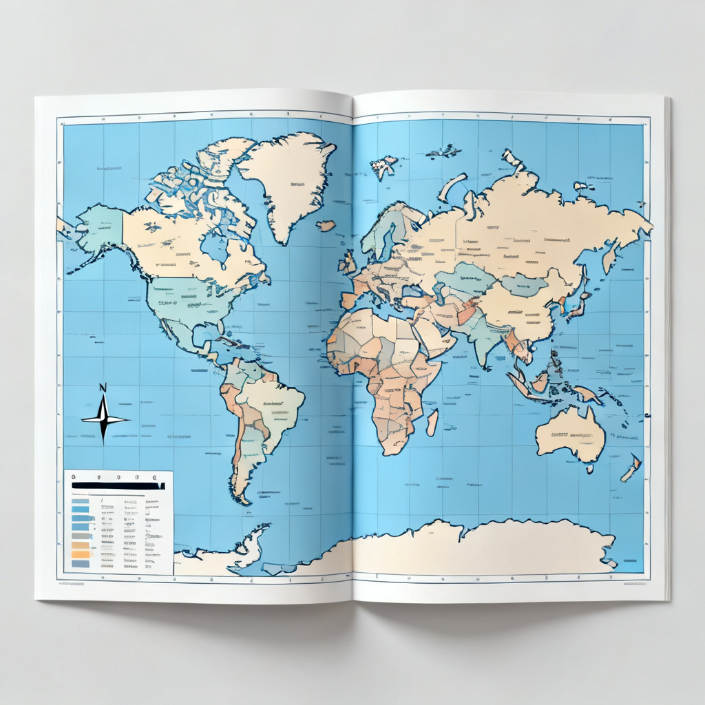 AI atlas generator world atlas spread with legend and scale bar