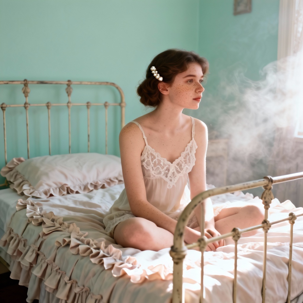 AI vintage coquette bed portrait with lace and pearls