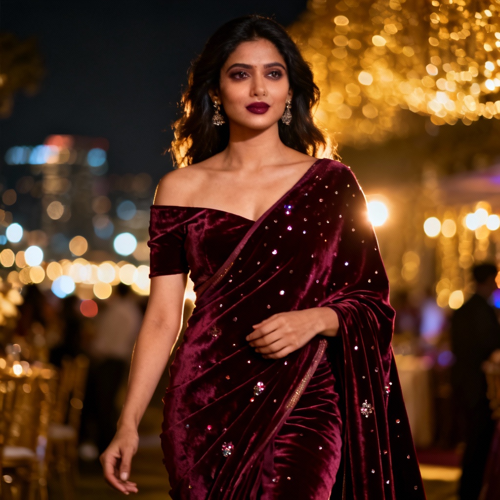 AI burgundy velvet saree with sequins