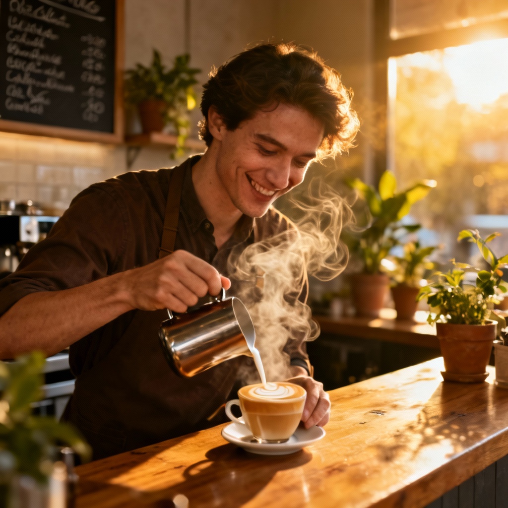 AI barista portrait in cozy cafe pouring latte art